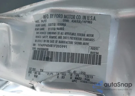 2001 Ford Mustang z USA, uszkodzony, nr VIN 1FAFP40481F205991